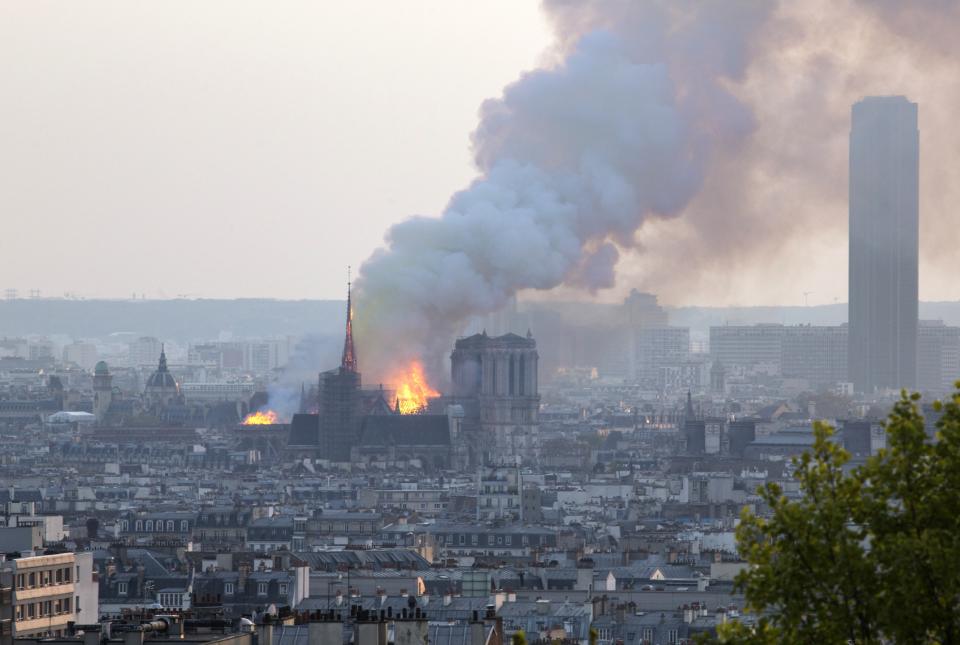 Eine riesige Wolke aus Rauch steigt über der Kathedrale Notre-Dame in den Pariser Himmel. Foto: pa.picture alliance____