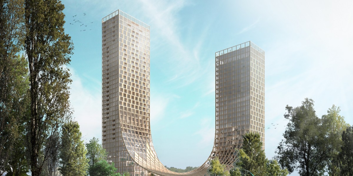 Die „Dutch Mountains“ sollen in den kommenden Jahren im niederländischen Eindhoven erbaut werden – und mit Höhenmaßen von 130 und 100 Metern einen neuen Maßstab in Sachen Holzhochhausbau setzen. Foto: Studio Marco Vermeulen