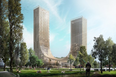 Die „Dutch Mountains“ sollen in den kommenden Jahren im niederländischen Eindhoven erbaut werden – und mit Höhenmaßen von 130 und 100 Metern einen neuen Maßstab in Sachen Holzhochhausbau setzen. Foto: Studio Marco Vermeulen
