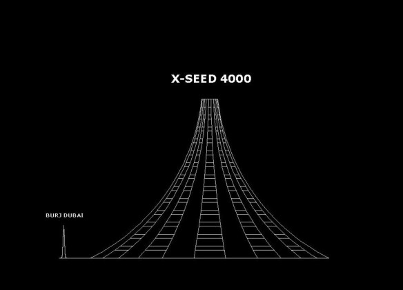 Das X-Seed 4000 ist die Idee eines gigantischen Immobilien-Koloss in Vulkankegelform, dessen Außendurchmesser in den unteren Etagen bis zu 6 Kilometern erreicht hätte. Foto: Wikipedia