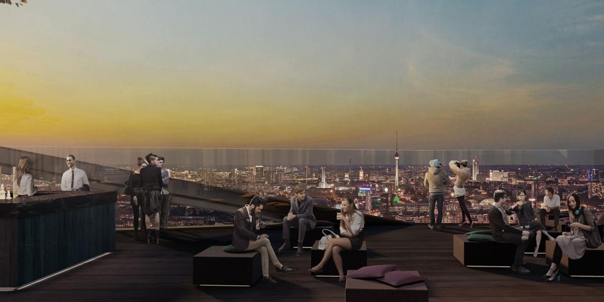 Aussicht von der Dachterrasse des Estrel Towers