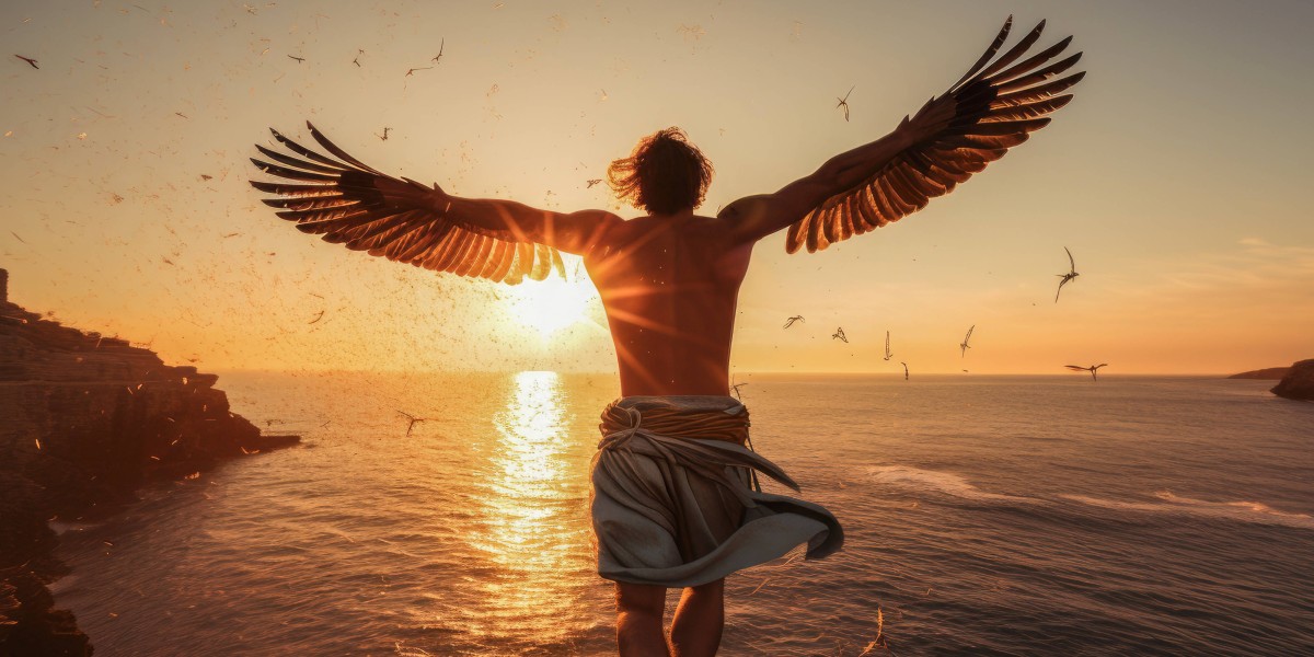 Sonnenuntergang, ein Mann mit Flügeln an den Armen fliegt in Richtung Sonne auf das Meer hinaus