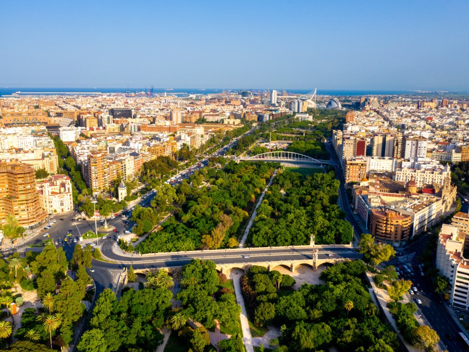 Blick von oben auf die Stadt Valencia, in der Mitte befindet sich der Jardin del Turia.____