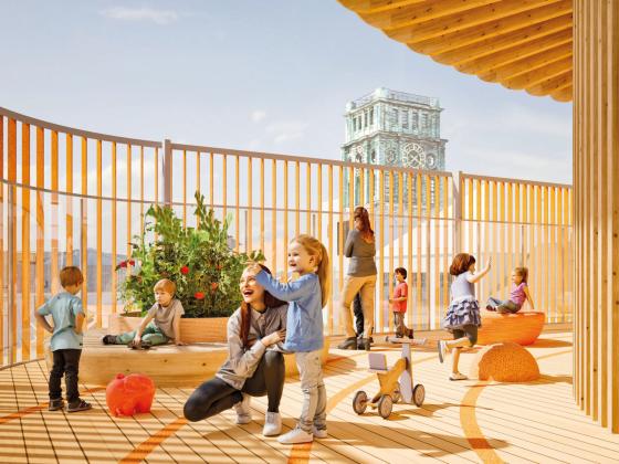 Die sogenannte Himmelswiese, eine Dachterrasse als Außenbereich für die Kita, Abbildung: Kéré Architecture