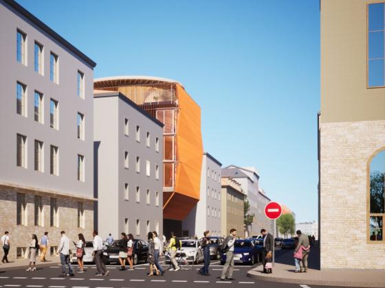 Das Kita-Gebäude als herausstechendes Bauwerk in der Gabelsberger Straße, Abbildung: Kéré Architecture