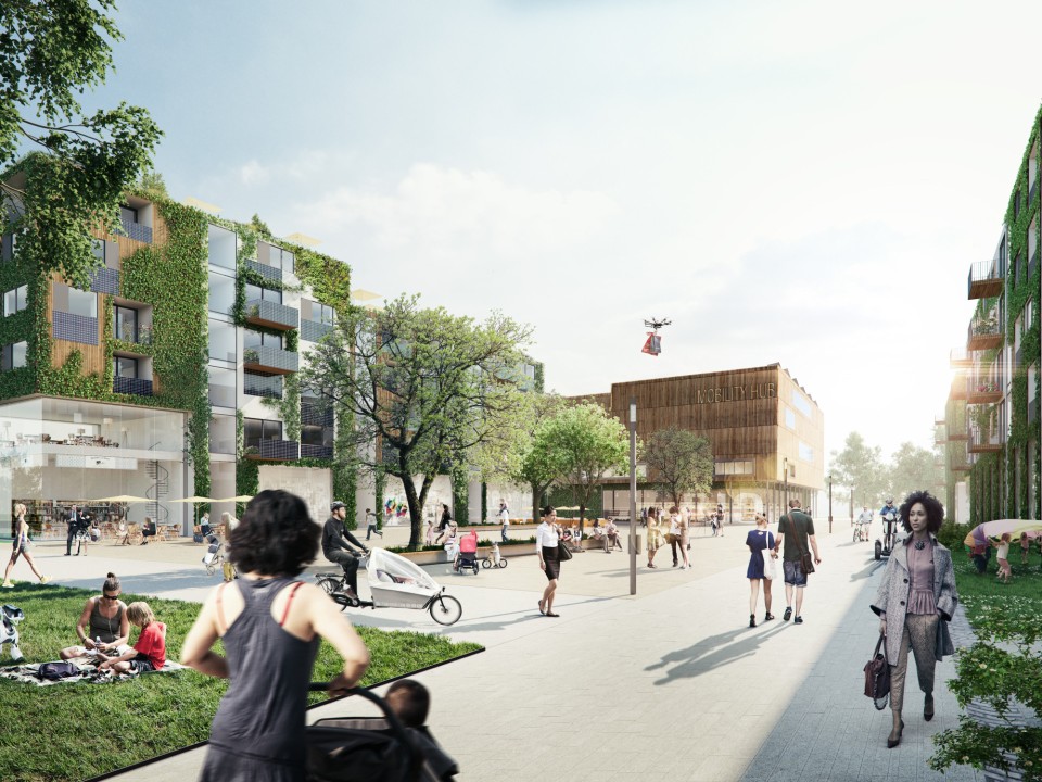 Begrünte Fassaden aus Holz, alternative Mobilitätskonzepte: Werden wir in Zukunft so wohnen? Abbildung: Tegel Projekt GmbH/rendertaxi____