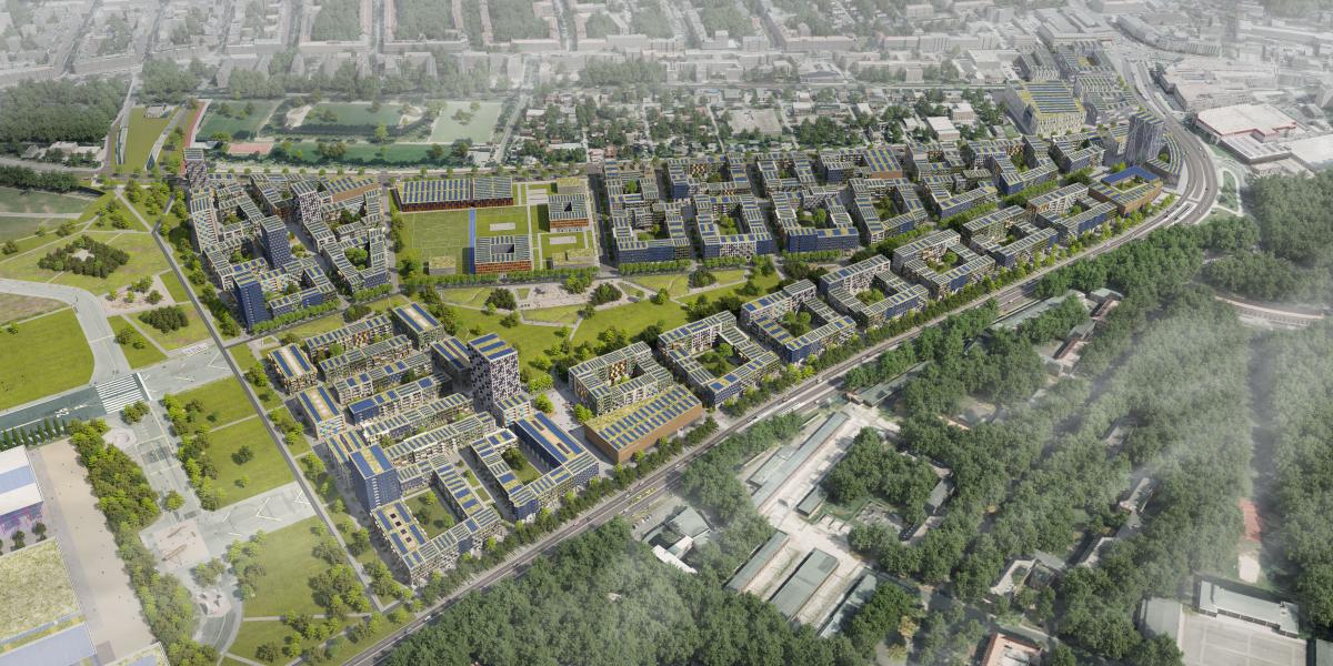Auf dem Gelände des ehemaligen Berliner Flughafen Tegel entsteht derzeit das größte Holzbauquartier der Welt. Abbildung: Tegel Projekt GmbH/Macina