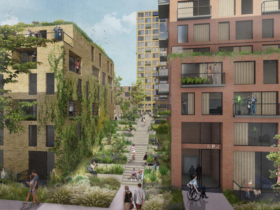 Urbane Umgebung mit Hochhäusern und viel Begrünung____