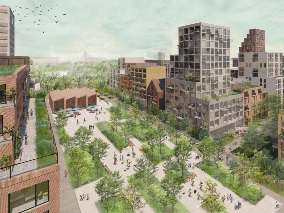 Urbanes Viertel mit Begrünungen und Gebäuden verschiedener Höhen____