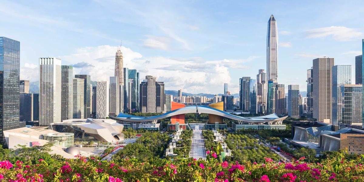 Weitblick auf eine moderne Stadt-Skyline mit zahlreichen Wolkenkratzern, umgeben von einem Park mit leuchtend pinken Blüten