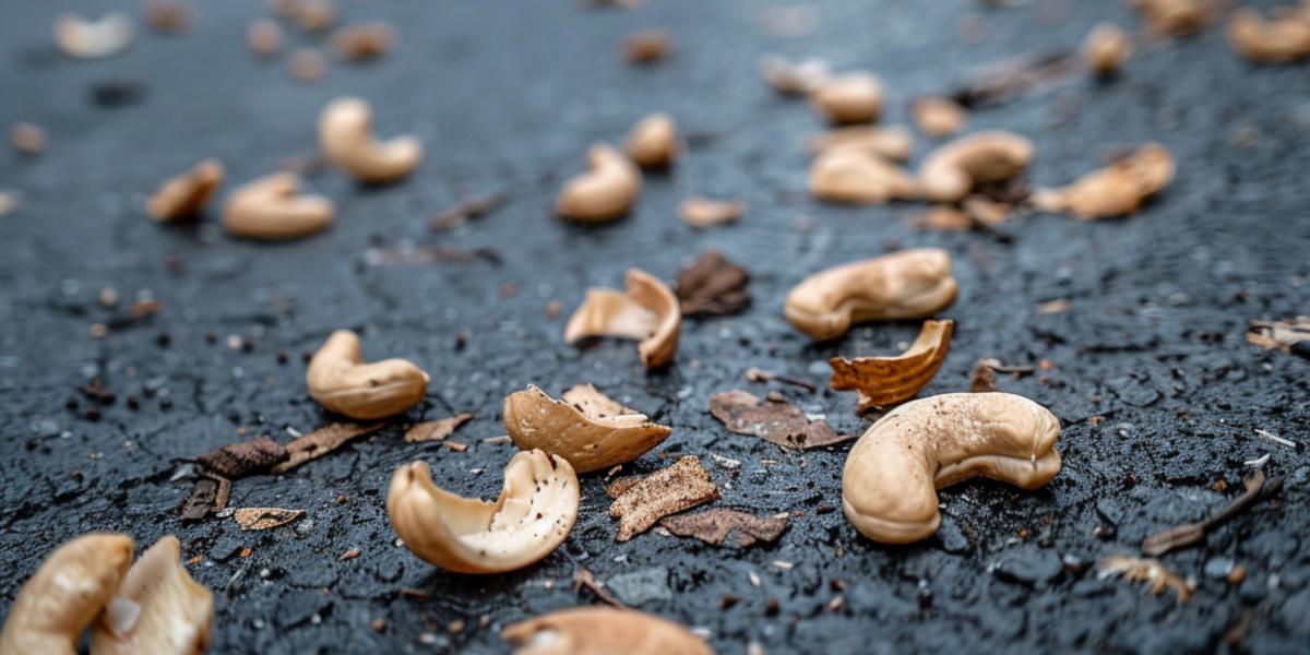 Cashewkerne liegen verstreut auf einer Asphaltstraße.