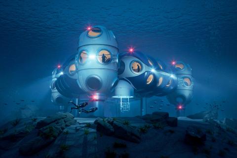 Futuristische Unterwasserstation mit runden Modulen, Tauchern und blauer Tiefsee-Umgebung bei künstlicher Beleuchtung