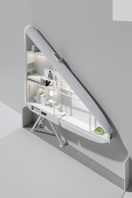 Modernes, schmales Mikrohaus mit weißem Interieur, offener Raumaufteilung und kompakter Architektur.