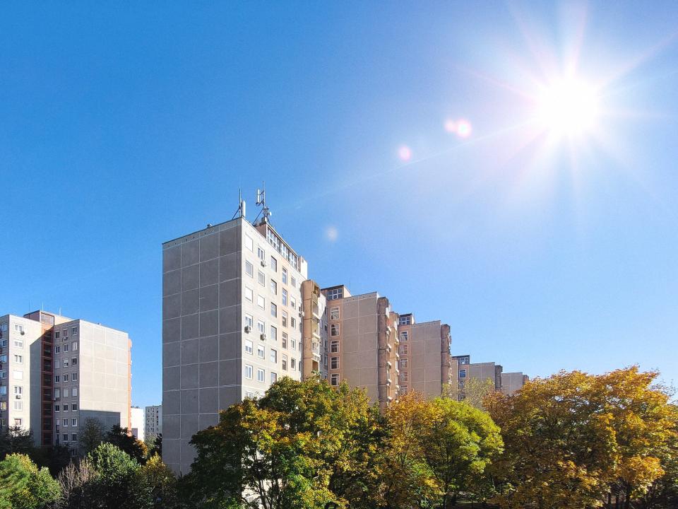 Hochhäuser bei strahlend blauem Himmel und Sonnenlicht, umgeben von grünen Herbstbäumen.____