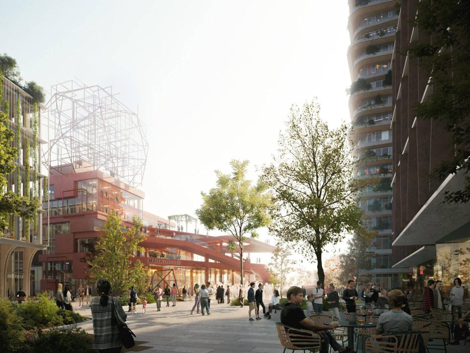 Visulalisierung von einer modern gestalteten Markthalle in rot samt belebten Vorplatz____
