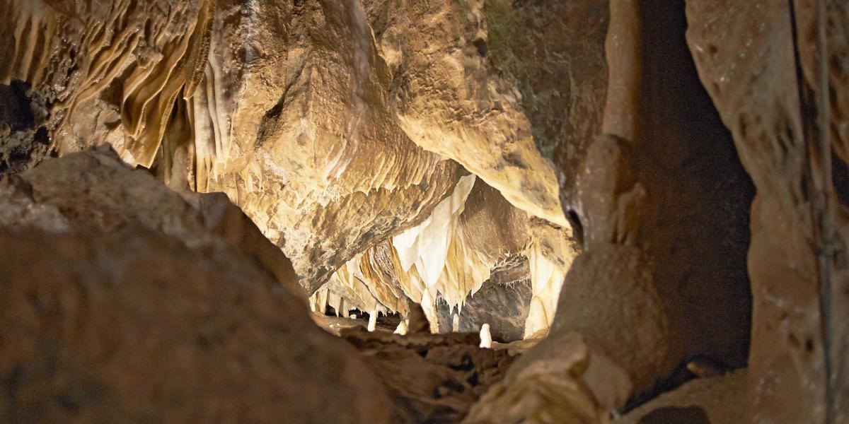 Tief liegende Höhle mit bizarren Tropfsteinformationen und schummrigem Licht.