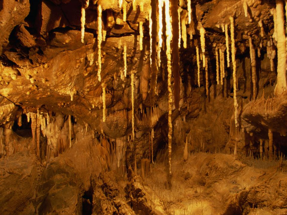 Tropfsteinhöhle mit zahlreichen Stalaktiten und Stalagmiten, warm beleuchtet.____