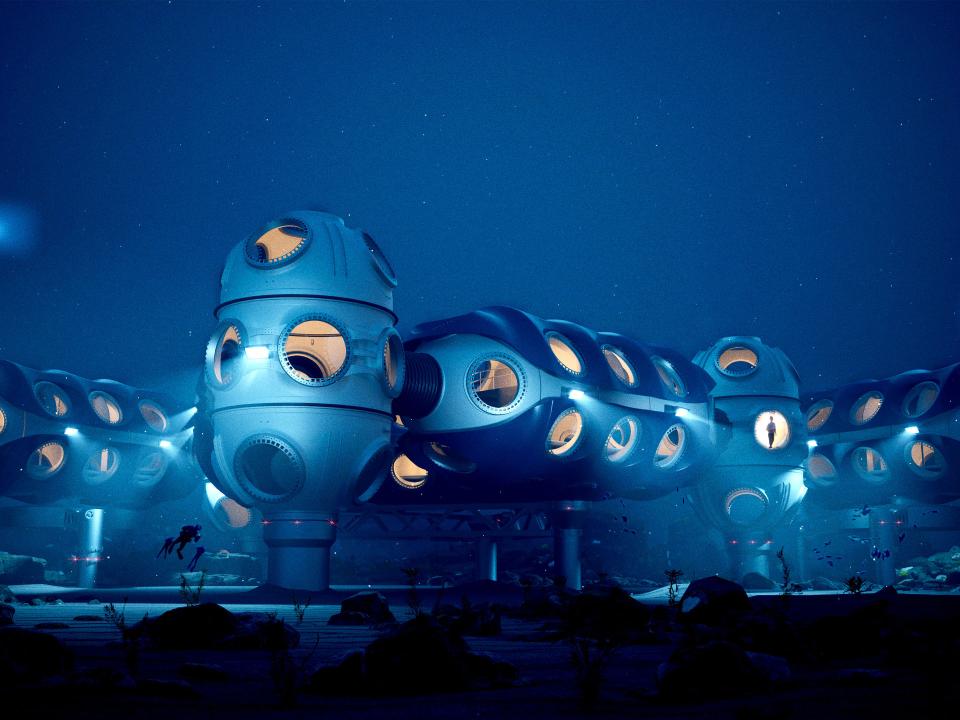 Große modulare Unterwasserstation bei Nacht mit leuchtenden Fenstern, Tauchern und Meeresboden mit Pflanzen____