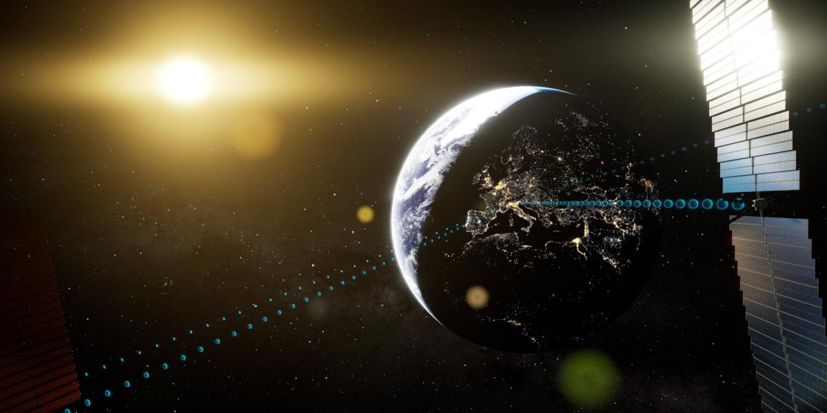 Erde im Weltall, Sonnenlicht wird durch Satelliten mit Solarpanels gesammelt und weitergeleitet.