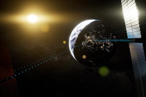 Erde im Weltall, Sonnenlicht wird durch Satelliten mit Solarpanels gesammelt und weitergeleitet.
