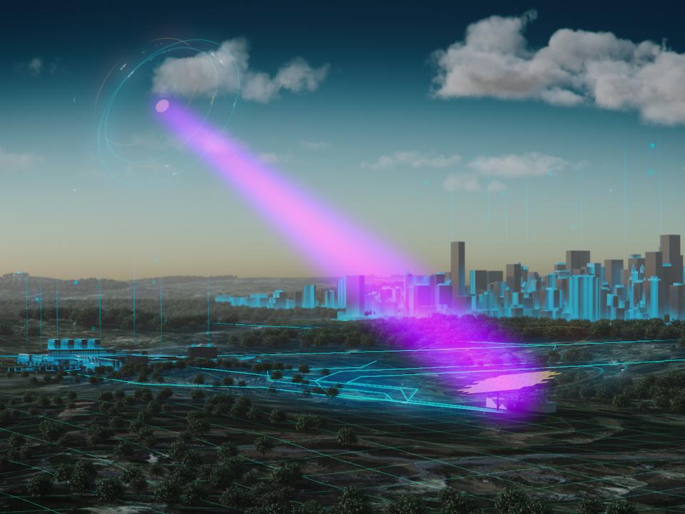 Strahlende Energieübertragung mit violettem Lichtstrahl, der aus dem Himmel auf eine futuristische Stadtlandschaft trifft.____