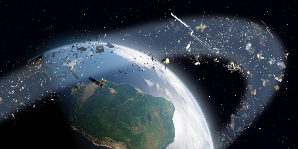 Simulation von zahlreichen Satellitentrümmern, die in einer Umlaufbahn die Erde umgeben.