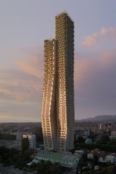 Zweiteiliger, verdrehter Wolkenkratzer mit Gitterfassade bei Sonnenuntergang, nachhaltiges Hochhausdesign.