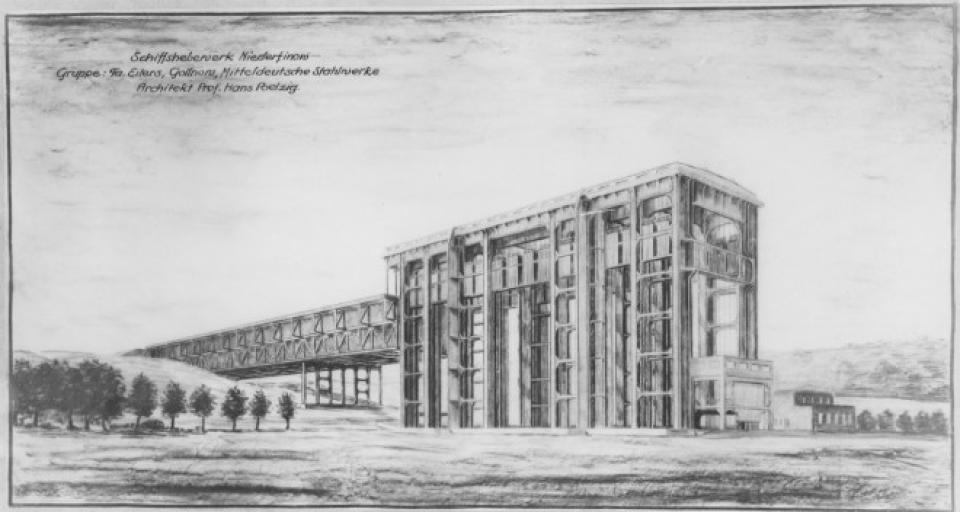 Schiffshebewerk Niederfinow, Entwurf von Hans Pelzig, um 1930 (Aufnahme: Kunstbibliothek, Staatliche Museen zu Berlin) ____