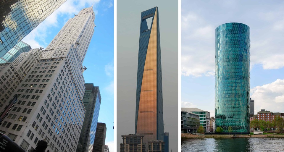 Chrysler Building, Shanghai World Financial Center, Westhafen Tower (von links) © Wikimedia Commons / Armstrongg (CB), DXR (SWFC), Norbert Nagel (WT)____