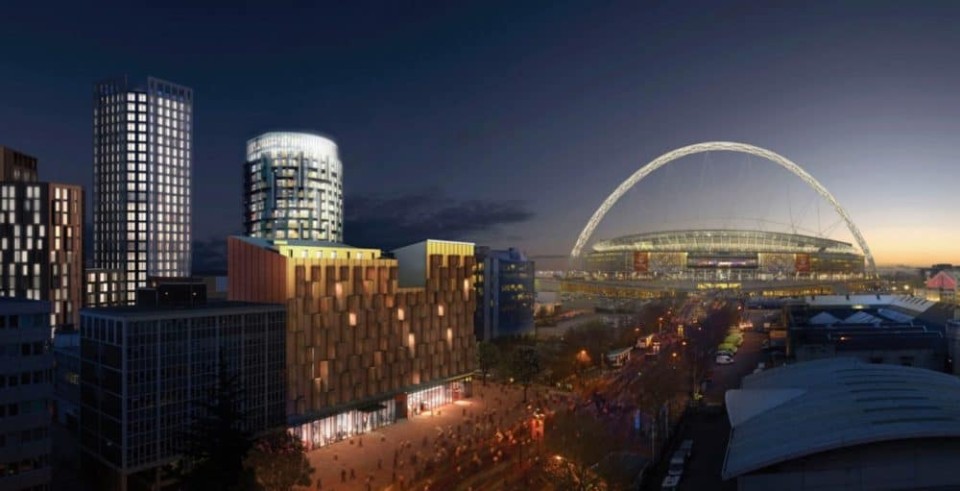 Links der geplante Neubau, rechts das Wembley-Stadion im Stadtbezirk Brent © HTA Design LLP____