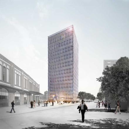 Der Spreeturm Berlin soll am Postbahnhof am Ostbahnhof im Bezirk Friedrichshain-Kreuzberg entstehen © Eike Becker\Architekten
