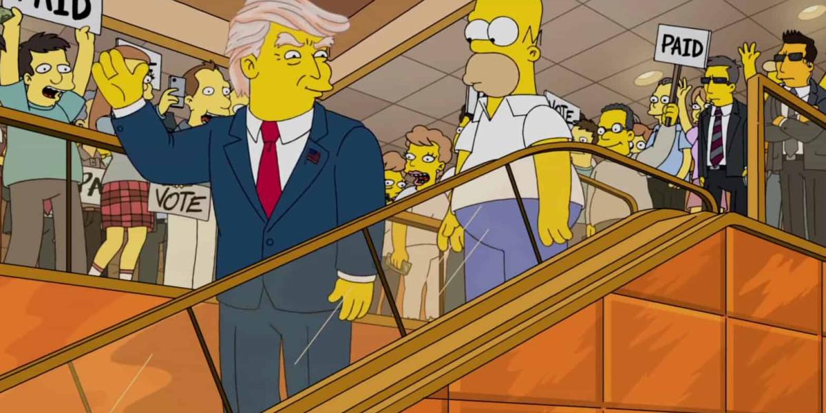 Donald Trump und Homer Simpson auf einer Rolltreppe