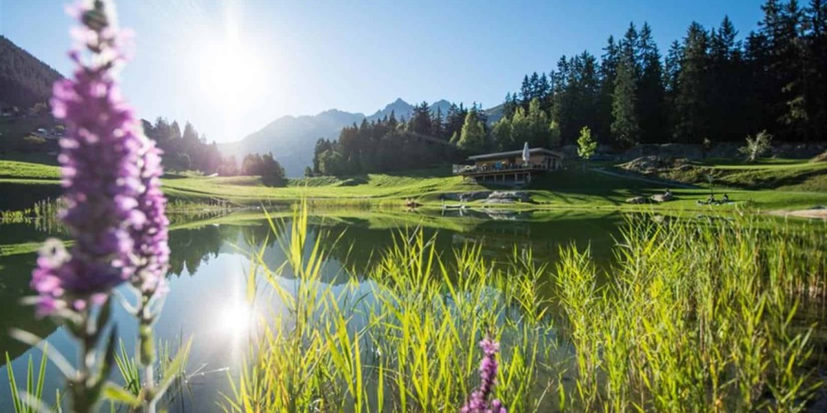 Idyllischer Badesee in der Schweiz an einem sonnigen Tag