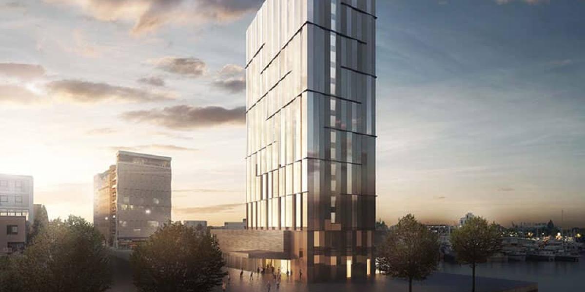 Hotel Veritaskai als Grafik. Das moderne Gebäude bei Abendlicht