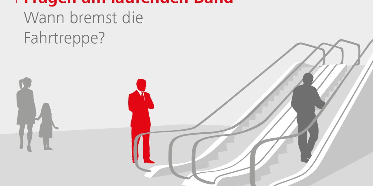 Illustration von zwei Rolltreppen in grau. vor der Rolltreppe befinden sich mehrere Silhouetten von Menschen, einer ist rot hervorgehoben