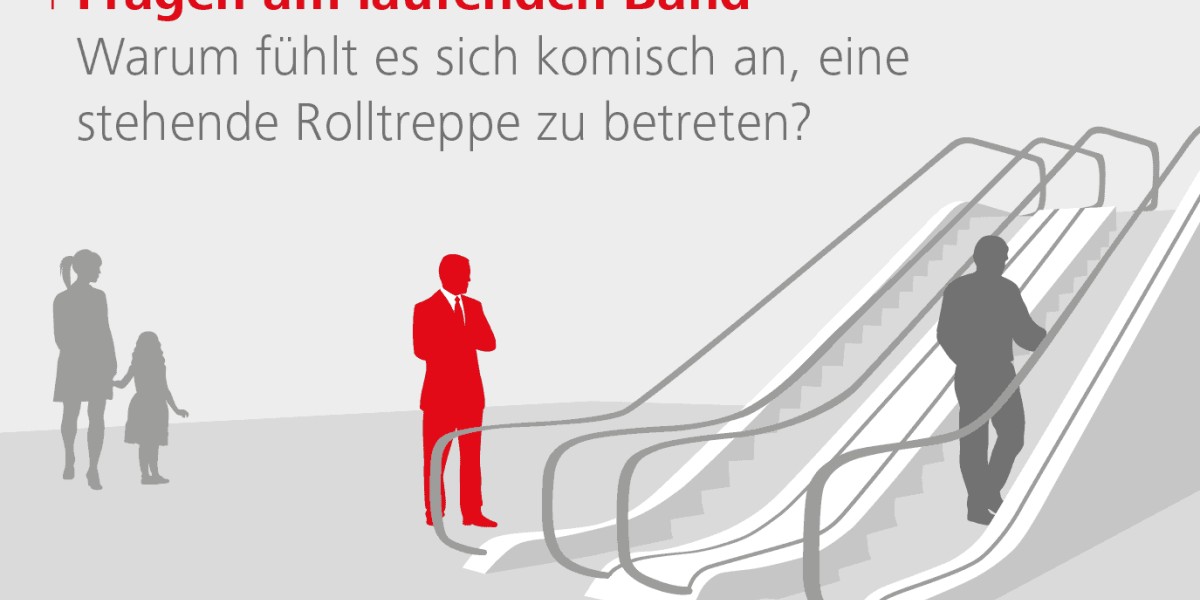 Illustration von zwei Rolltreppen in grau. vor der Rolltreppe befinden sich mehrere Silhouetten von Menschen, einer ist rot hervorgehoben