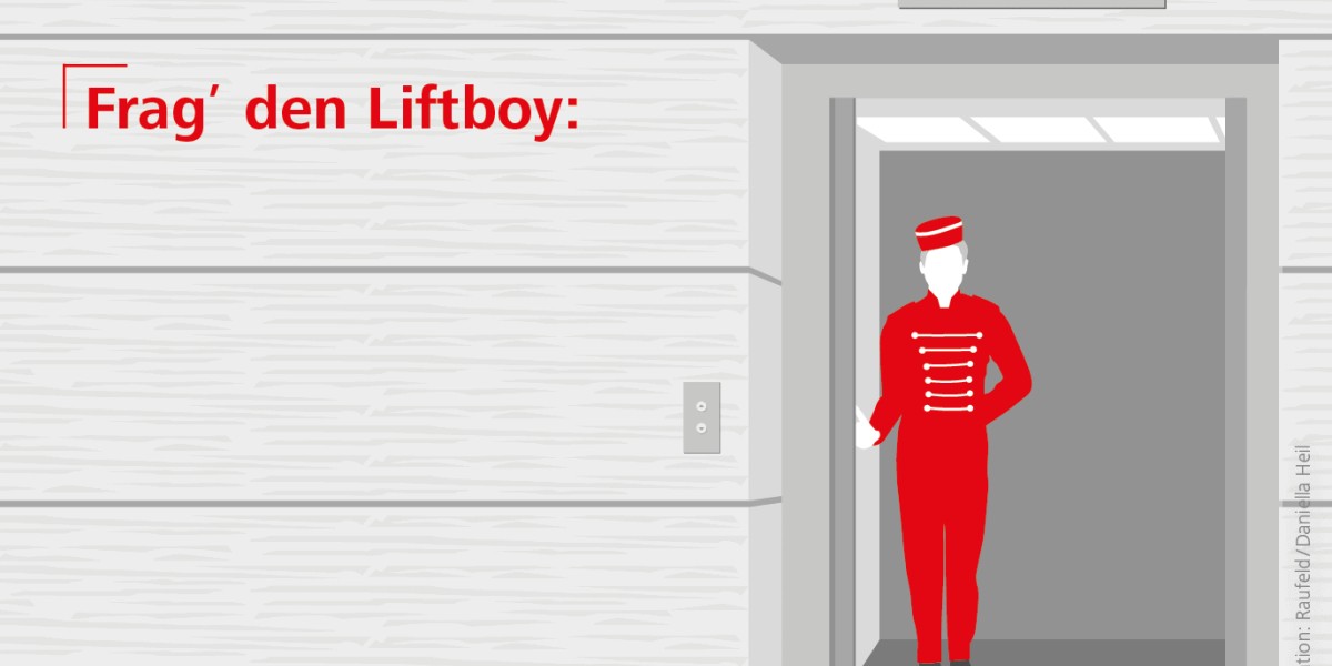 Eine Illustrationen eines Liftboys mit rotem Anzug in einem Aufzug