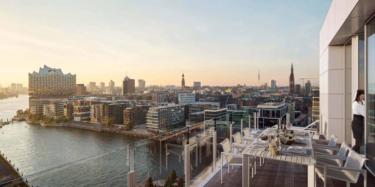 Blick vom Balkon des Wohnhochhauses in Hamburg.