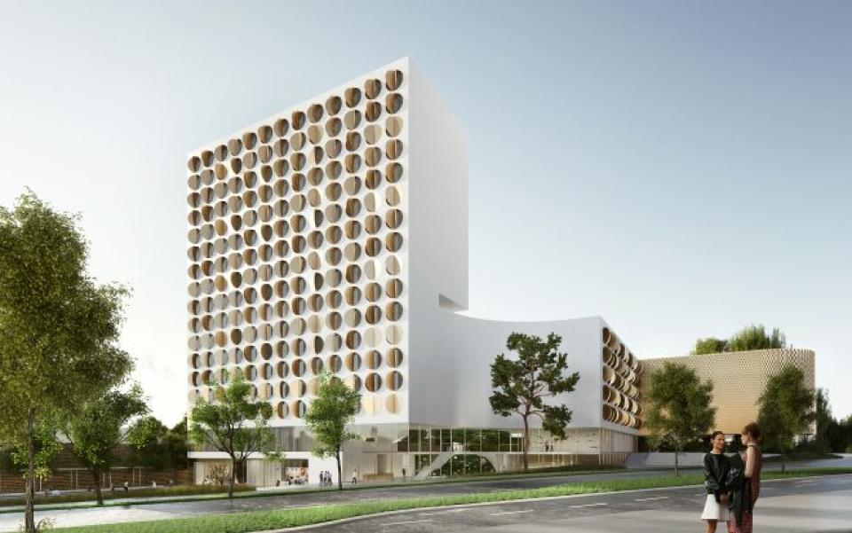 Visualisierung des Boardinghouse in München-Neuperlach mit runden Fenstern.____