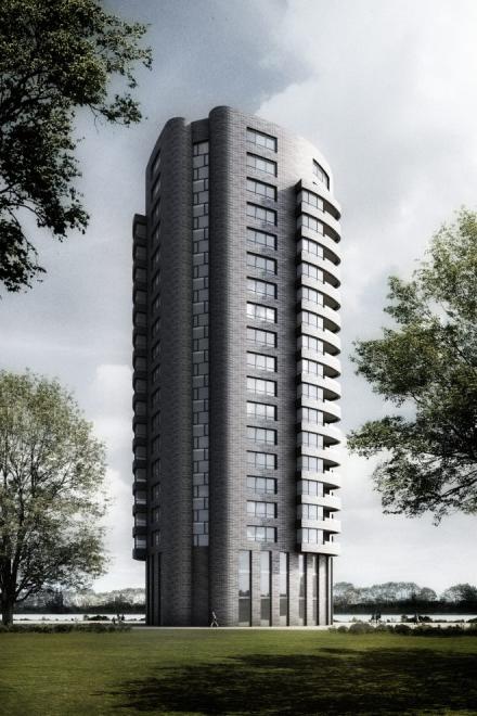 Der Wohnturm „Opal“ entsteht am Rhein nördlich der Mülheimer Brücke.
