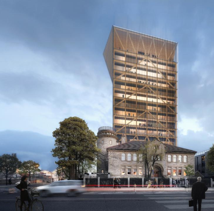 Mehr Wow auf dem Bau: Ein Bestandsgebäude nimmt den leichten Holzturm huckepack. © MJMA and Patkau Architects. ____