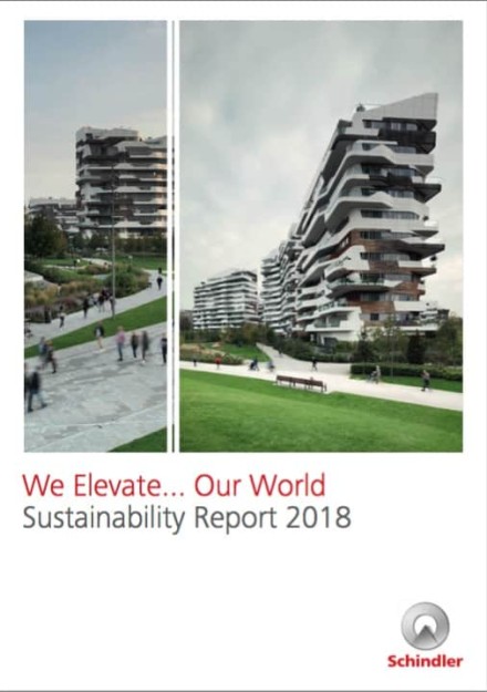 Deckblatt des Schindler Nachhaltigkeitsreport aus dem Jahr 2018- Zu sehen ist ein geometrisch ungleiches Wohnhaus.