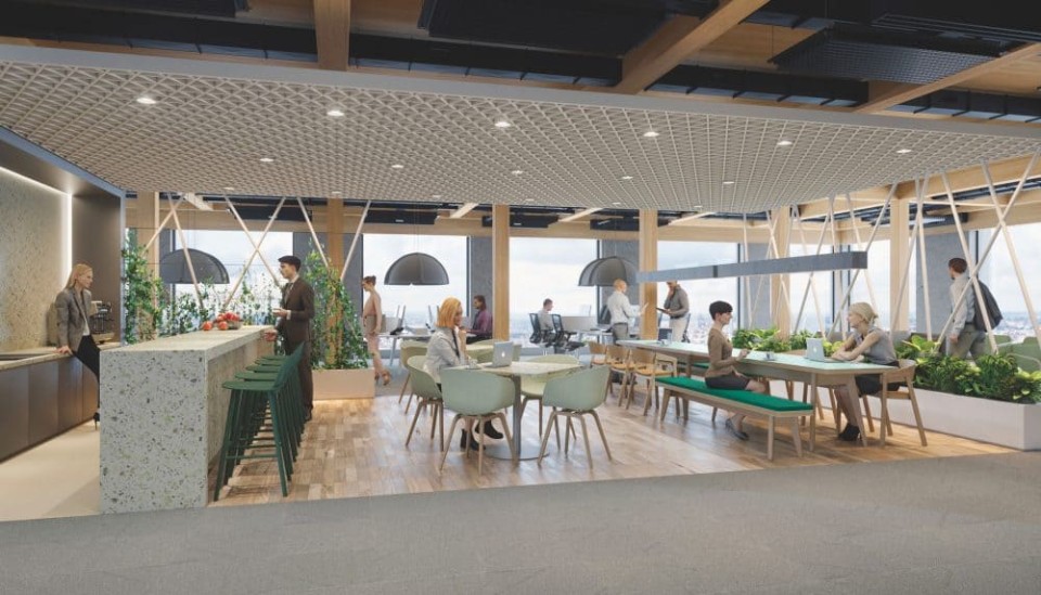 Moderne Cafeteria mit vielen grünen und natürlichen Elementen. Menschen sitzen und stehen.____