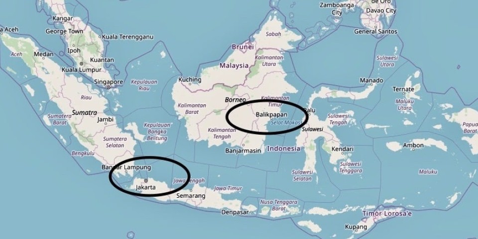 Karte von Indonesien die die Städte Jakarta und Balikpapan umkreist____