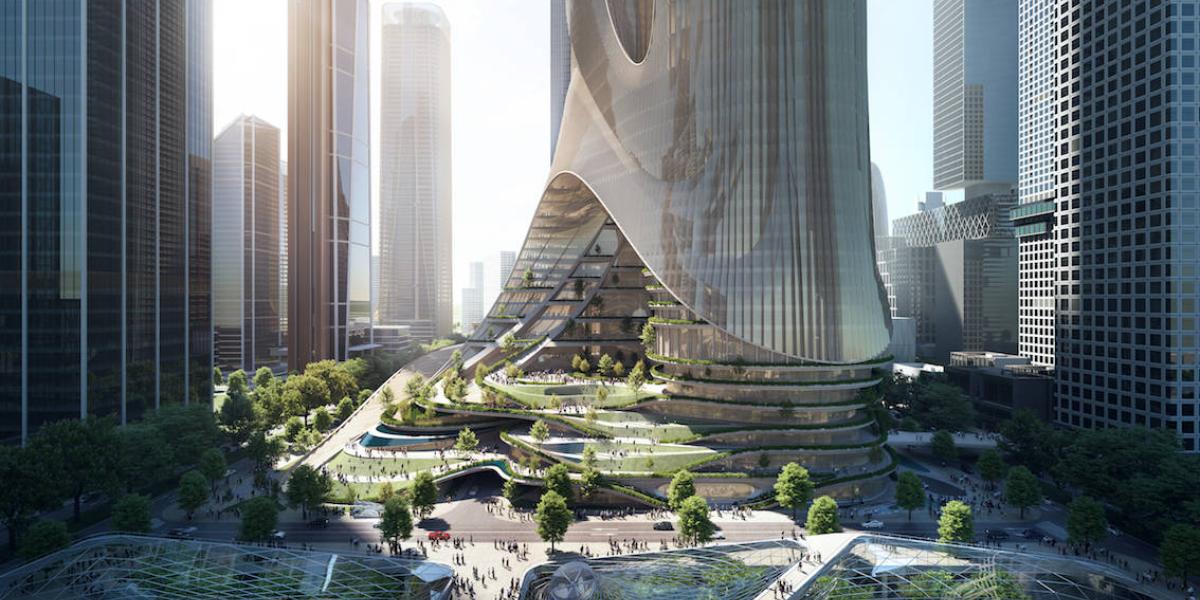 Terrassen, Pflanzen und Fischzucht: Darauf erhebt sich der Tower C in Shenzhens neuem Finanzdistrikt. Credit: Brick Visual/Zaha Hadid