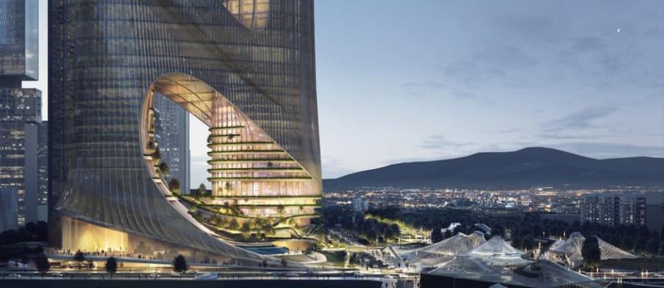 Der kühne Schwung an der Basis verleiht dem Tower C in Shenzhen Leichtigkeit. Credit: Brick Visual/Zaha Hadid ____
