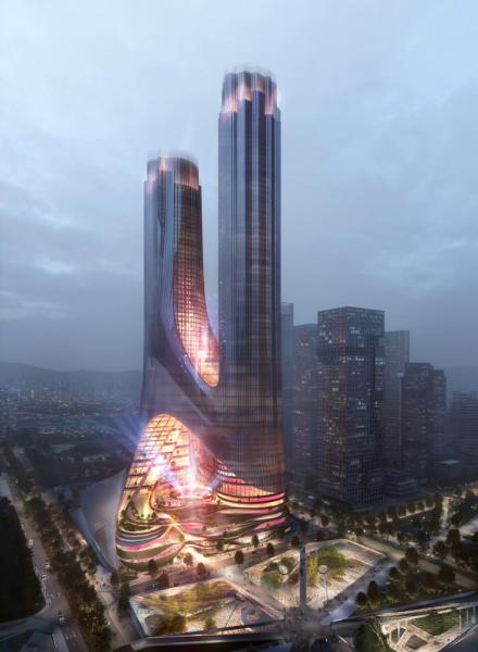 Fast 400 Meter ragen die beiden Türme von Tower C in Shenzhen empor. Credit: Brick Visual/Zaha Hadid