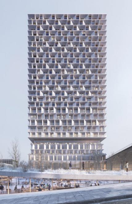 Der Tilia Tower von außen. Besonders auffällig die verschachtelt aufgelockerte Fassade. ©3XN/Tilia Tower/3XN-IttenBrechbuehl