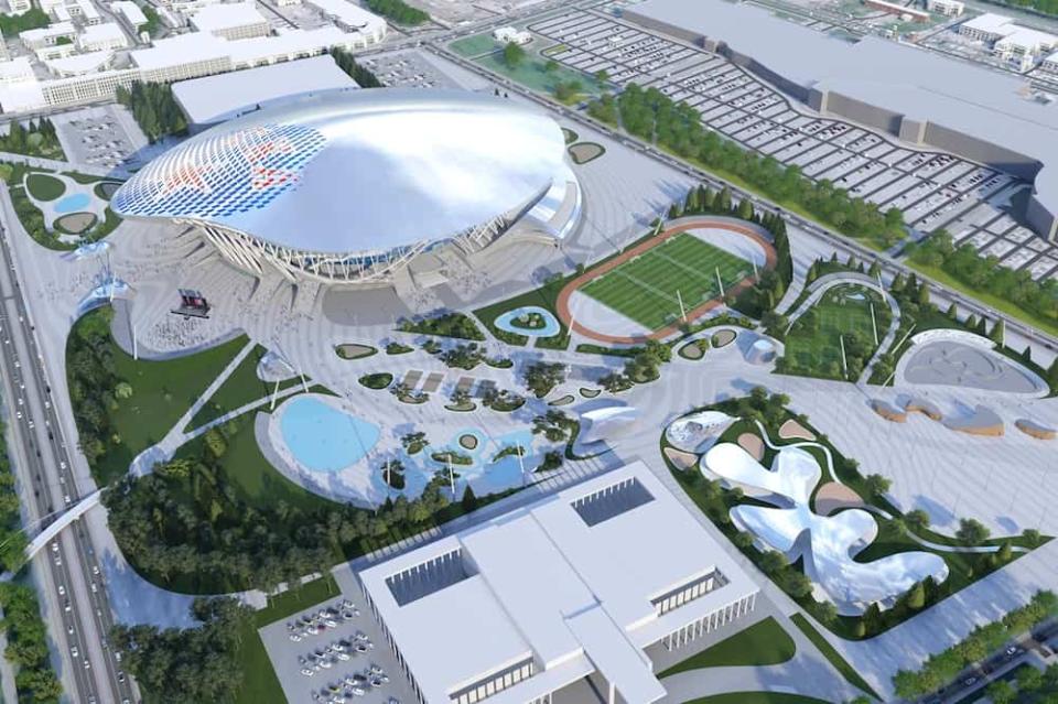 Die Arena inmitten eines Parks an der Newa. Nach Medienberichten könnte das Ensemble mehr als 260 Millionen Euro kosten. © Coop Himmelb(l)au
____