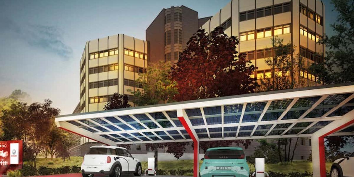 Neben Wallboxes zum Laden der E-Autos bei den Beschäftigten errichtet Schindler an größeren Unternehmensstandorten wie dem Schindler Campus in Berlin Ladestationen. © Schindler Visualisierung: C4